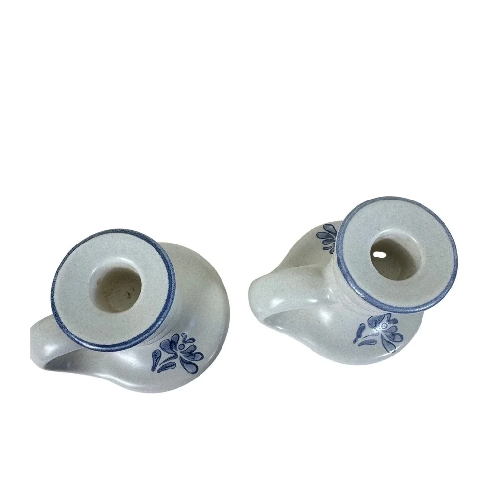 Vintage Pfaltzgraff Yorktown Blue Floral Ceramic Finger Loop Candle Holder Set 2